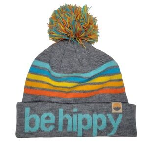 Be Hippy Old School Pom Pom Beanie Winter Hat Gray Stripe Snow Ski Mountains